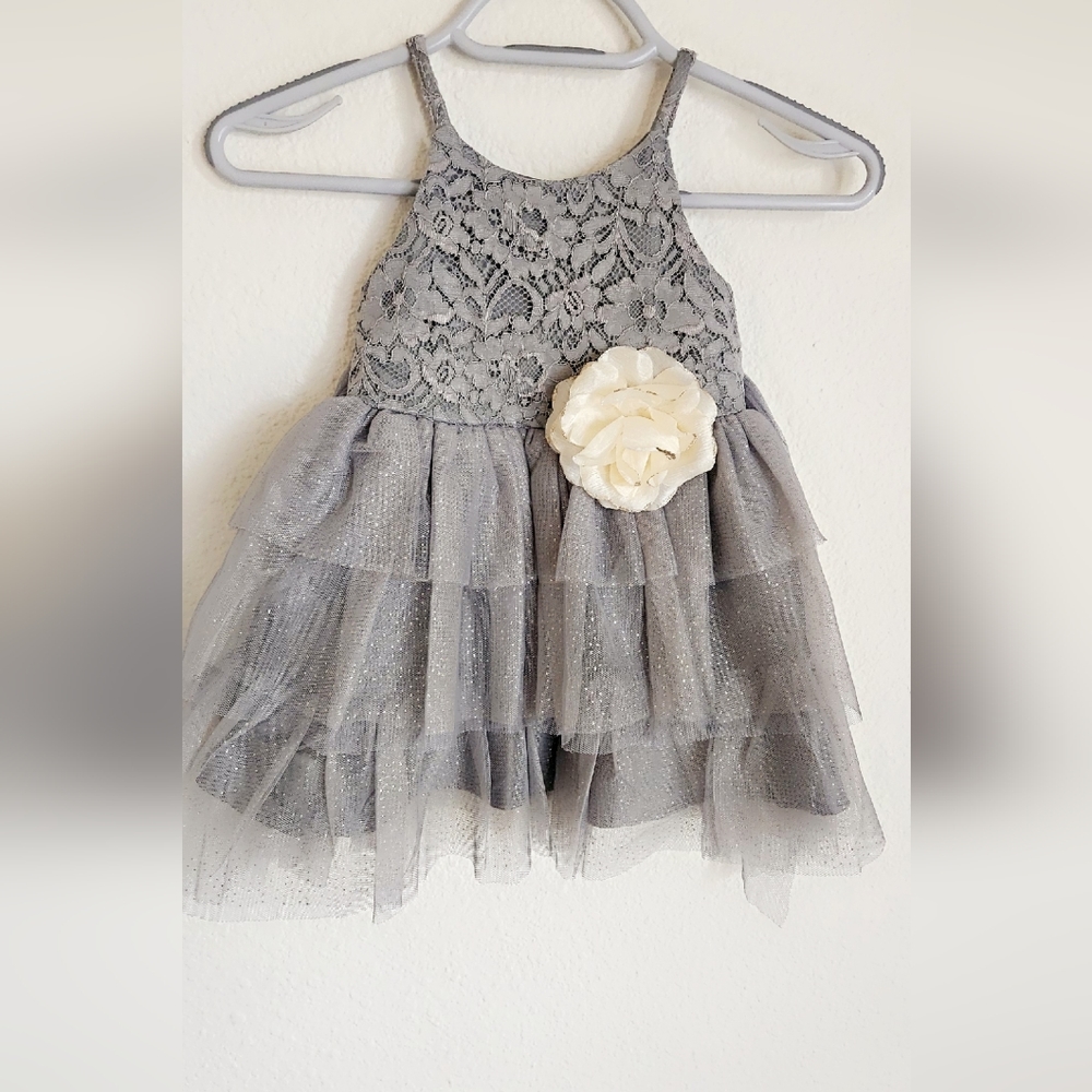 Gray Lace Tiered Dress with Flower Accent